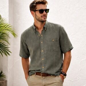 Y2K Field & Stream Olive Silk Button Up Dadcore Shirt Men's XL